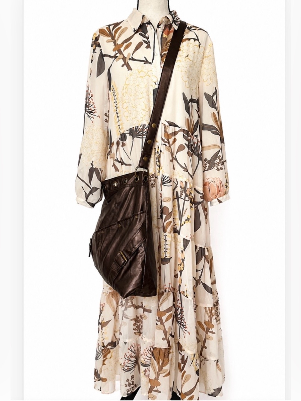Floral Maxi Shirt Dress M + Brown Metallic Bag Crossbody Bundle Boho Cottagecore